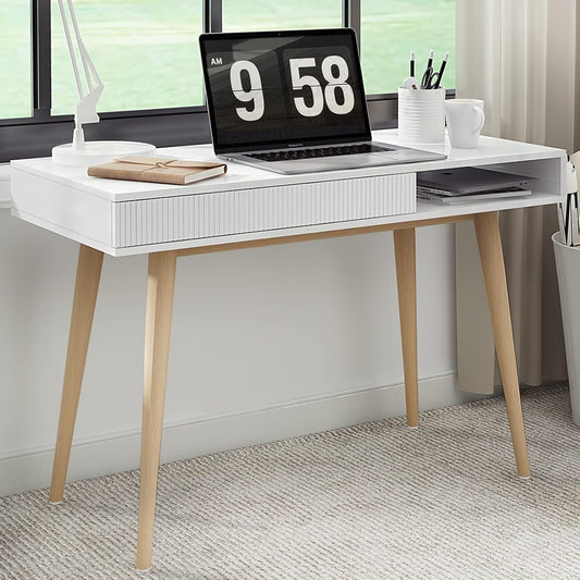 White Desk Mid Century Modern Desk Wooden Desk with Drawer Small Office Desk Mid Century Computer Desk White Makeup Table-0