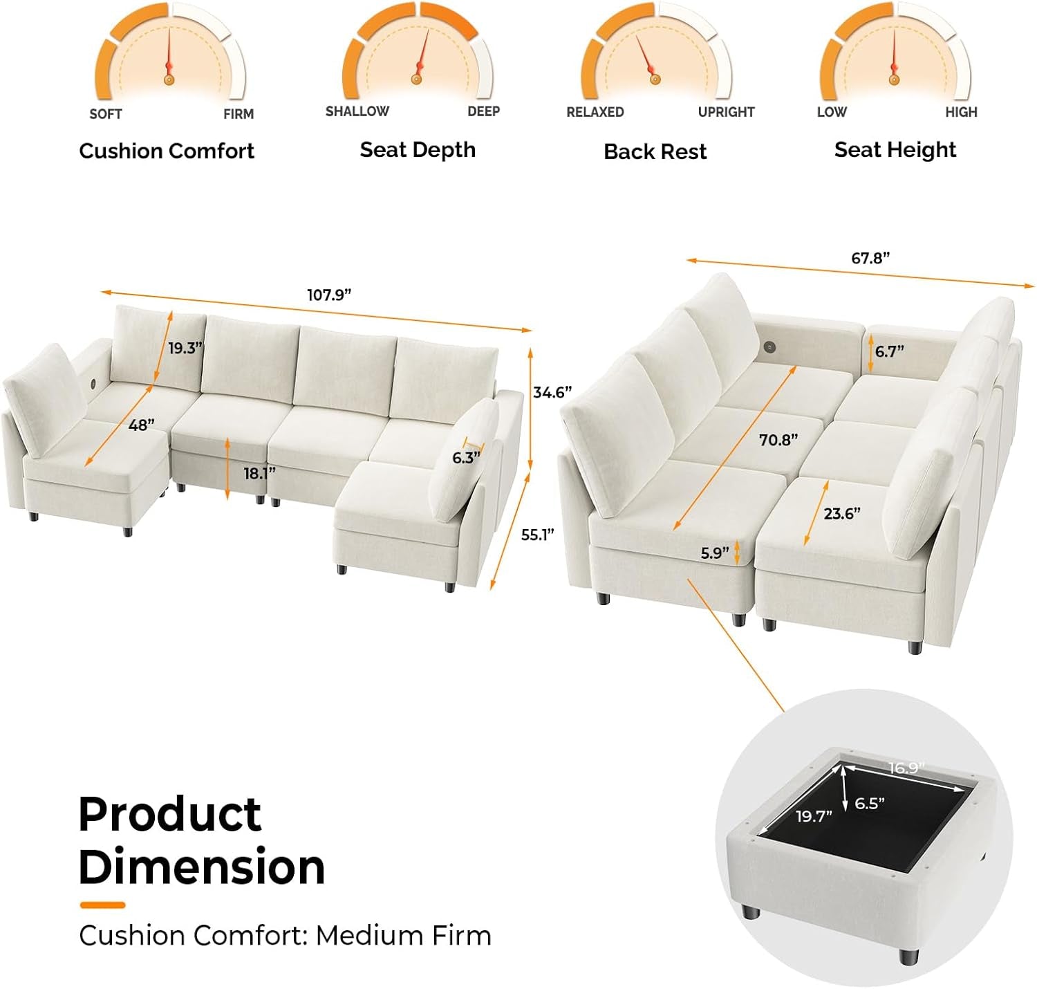 131.6"/108" Cream White Chenille Oversized Modular Sectional Sofa with Storage and USB Chargers, Comfy Sectional Sofa with 6 Seats, 6 Pieces Modern Couch Convertible Sleeper Bed for Living Room-2