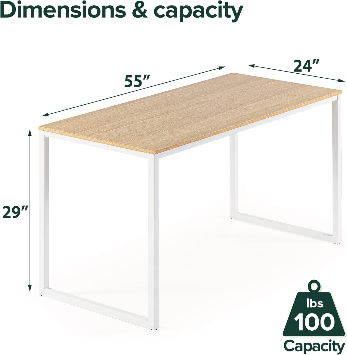 Jennifer 55 Inch White Frame Desk, Computer Workstation, Office Desk, Dining Table, Easy Assembly, Natural-2