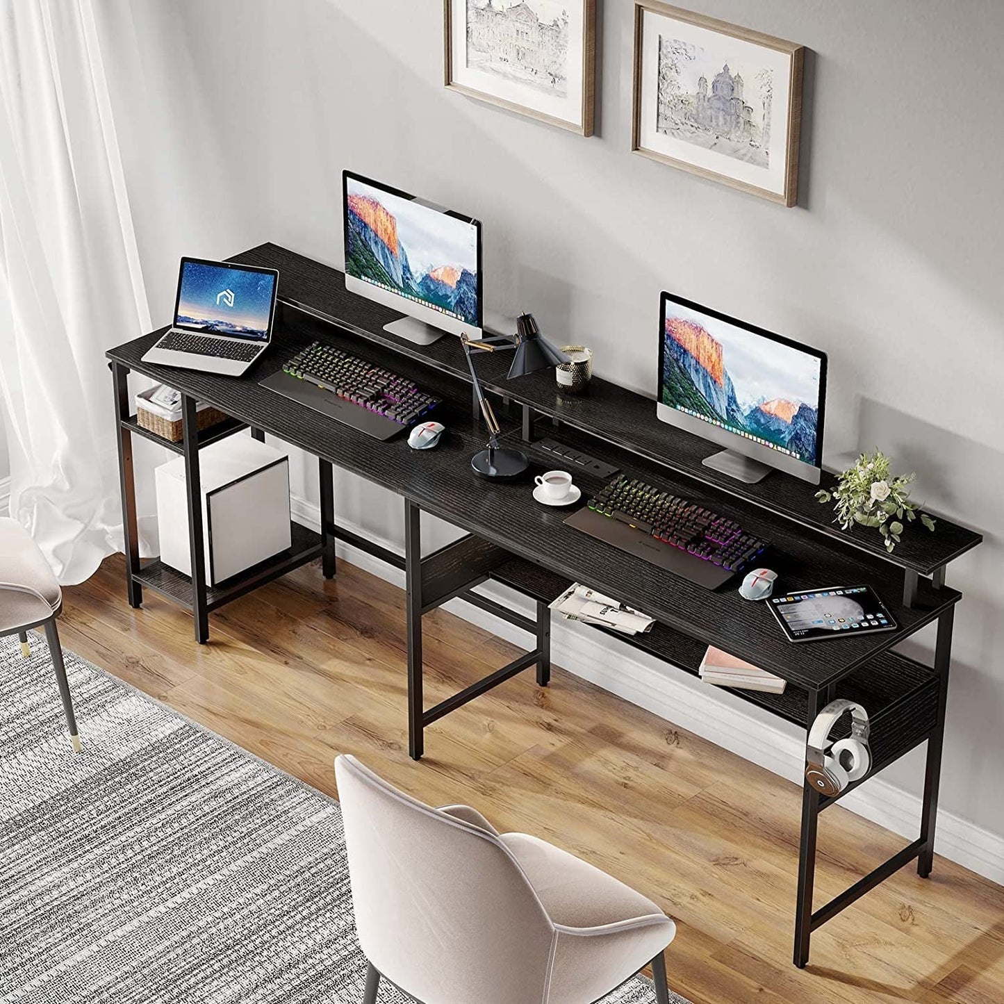 L-Shaped Computer Desk with LED Strip, Black-0