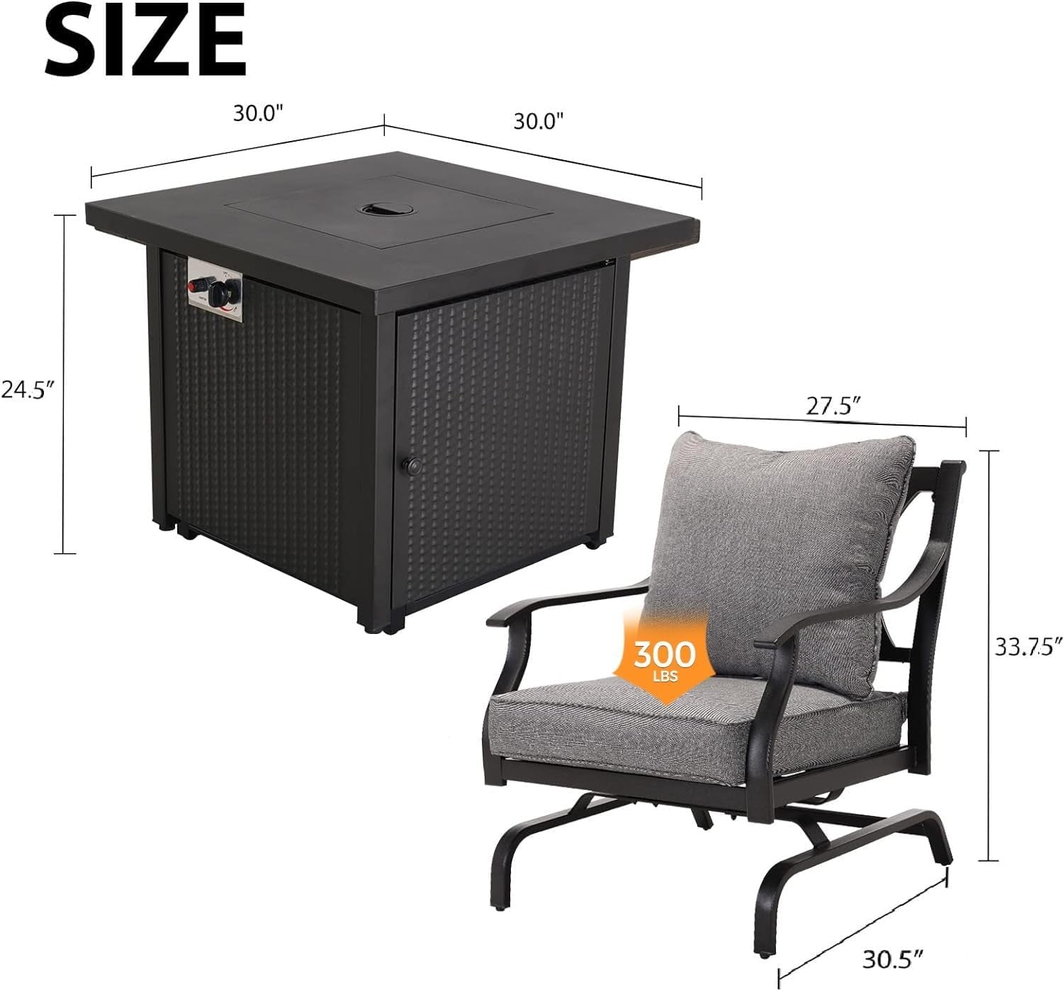 5-Piece Patio Furniture Sets with 30 Inch CSA Approved 50,000 BTU Square Propane Fire Pit Table,4 Rocking Frame Chairs with Gray Cushions-3