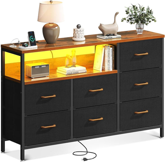Dresser with LED Lights and Charging Station, 52-Inch Long Dresser for Bedoom with 7 Large Storage Drawers, Fabric Dresser TV Stand with Open Shelves, Vintage-0