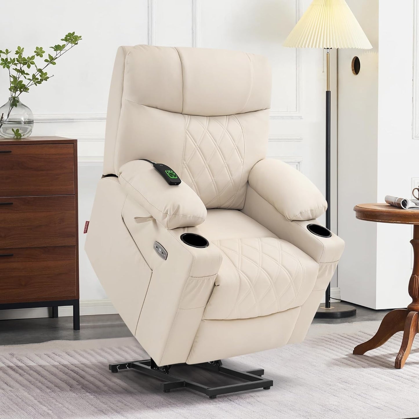Small Size Power Lift Recliner Chair Sofa with Massage and Dual Heating, Adjustable Headrest for Elderly People Petite, USB Ports, Extended Footrest, Faux Leather 7111 (Cream White)-0