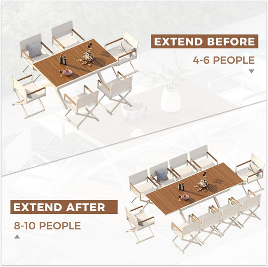 11-Piece Outdoor Dining Set, 10 Extra-Wide Folding Chairs & 1 Rectangle Expandable Table for 6-8 Person, Sling Mesh Patio Chairs with Wood Grain Table for Yard, Poolside, Deck, Apricot-1