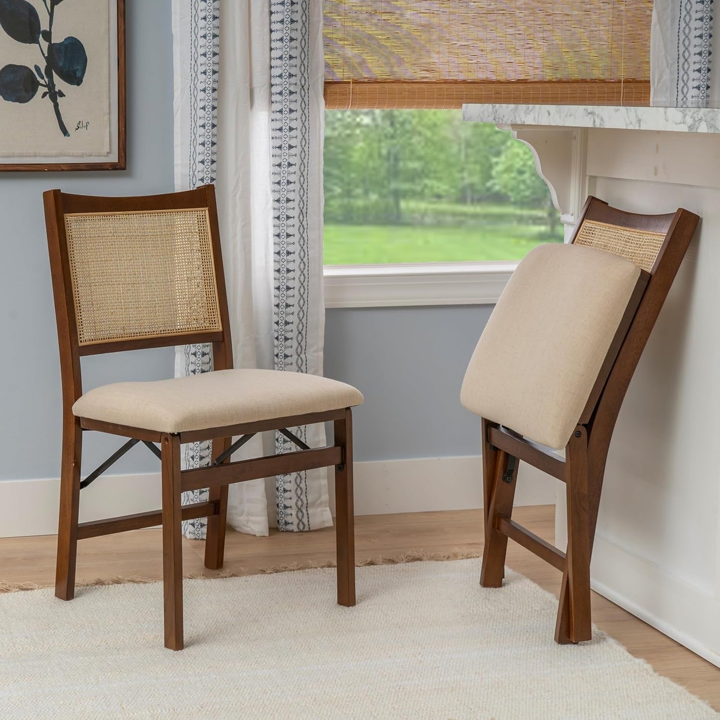 Kasi Brown and Natural Rattan Cane Fully Assembled Foldable Wooden Dining Side Chair-2