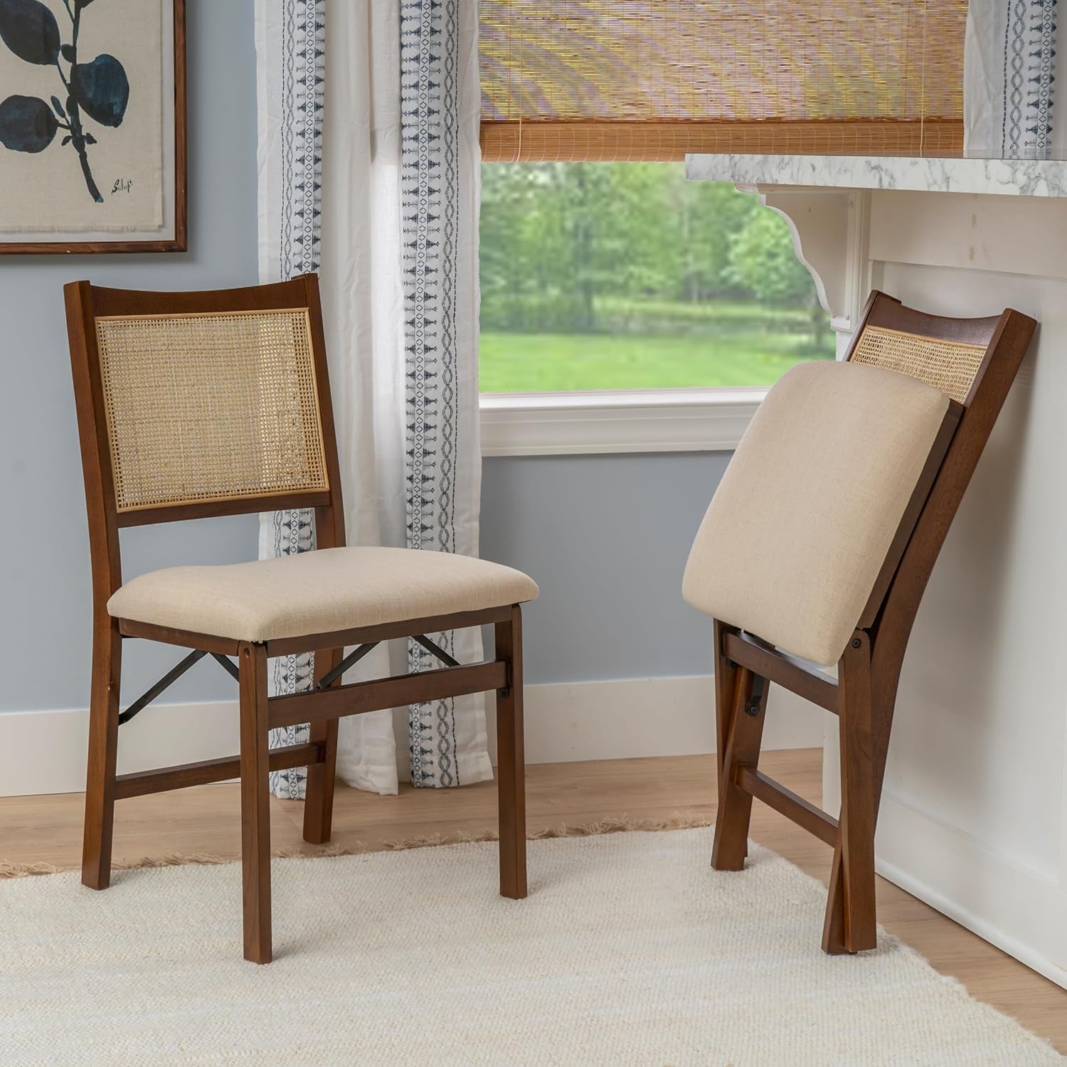 Kasi Brown and Natural Rattan Cane Fully Assembled Foldable Wooden Dining Side Chair-2