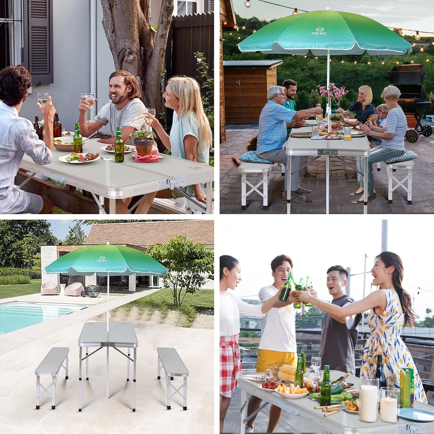 Folding Picnic Table with Umbrella Benches Mesh-4