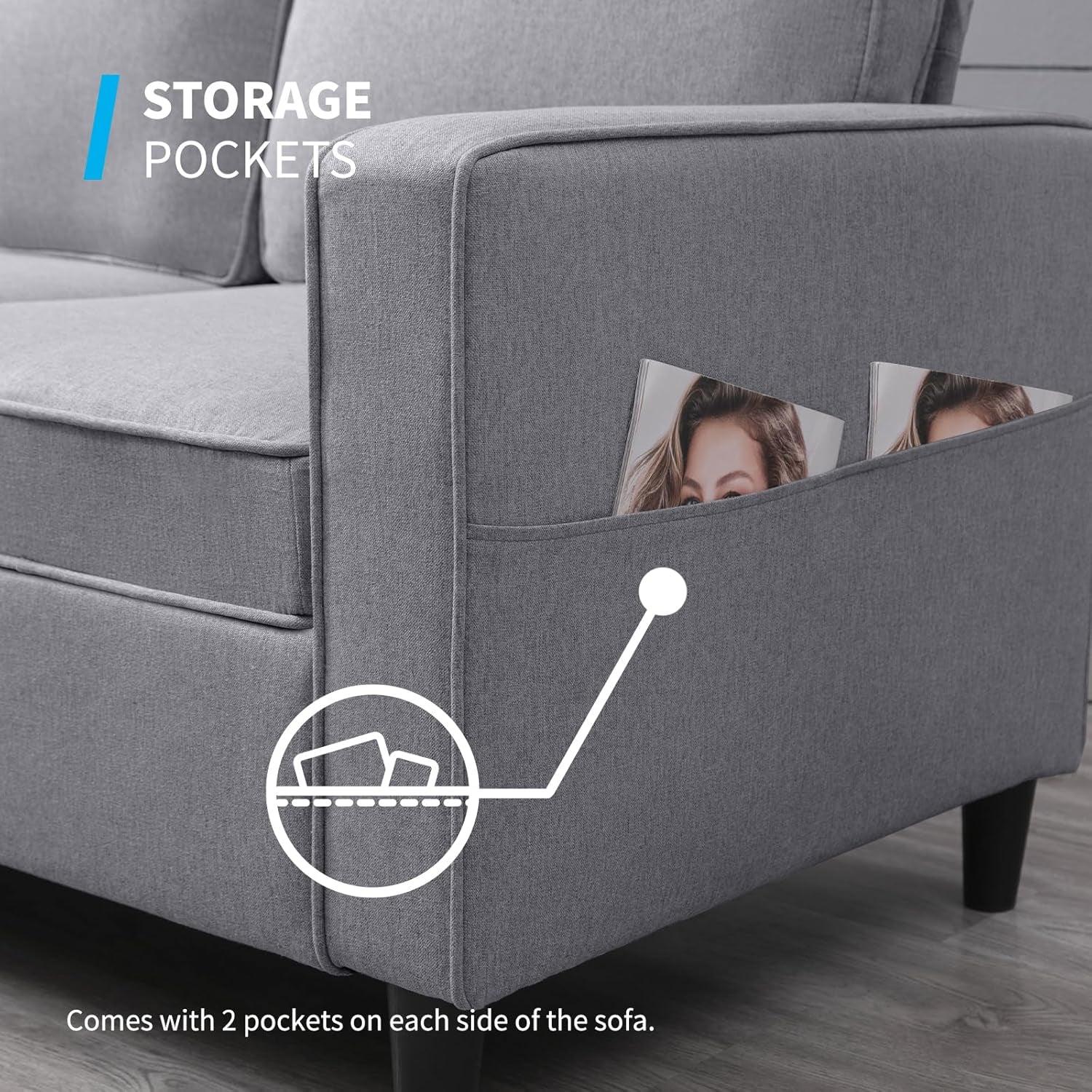 Convertible Sofa Set | Linen Upholstered Sectional Sofa with Storage Ottoman | Modern Living Room Couch with Side Pockets (Light Grey)-4