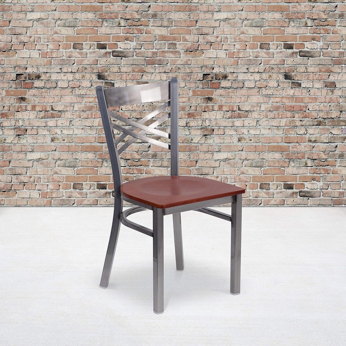 2 Pk. HERCULES Series Clear Coated ''X'' Back Metal Restaurant Chair - Cherry Wood Seat-0
