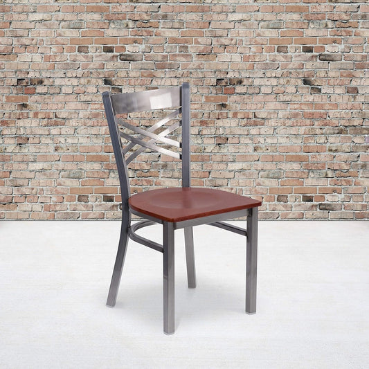 2 Pk. HERCULES Series Clear Coated ''X'' Back Metal Restaurant Chair - Cherry Wood Seat-0