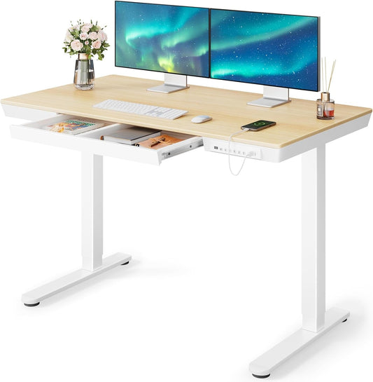 Electric Solid Standing Desk, 48 X 24 Inch Standing Desk with Drawer, Height Adjustable Desk with Tabletop & USB Charging Ports, Sit Stand Desk with Storage for Home & Office Natural-0
