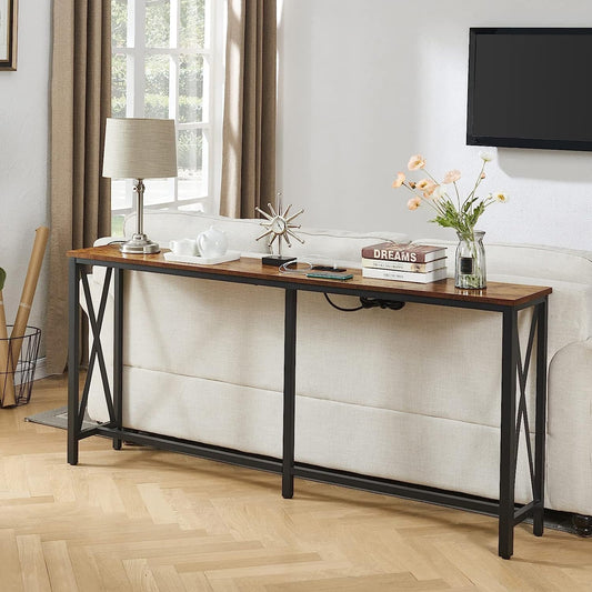 Vintage Brown Console Table with Power Ports-1