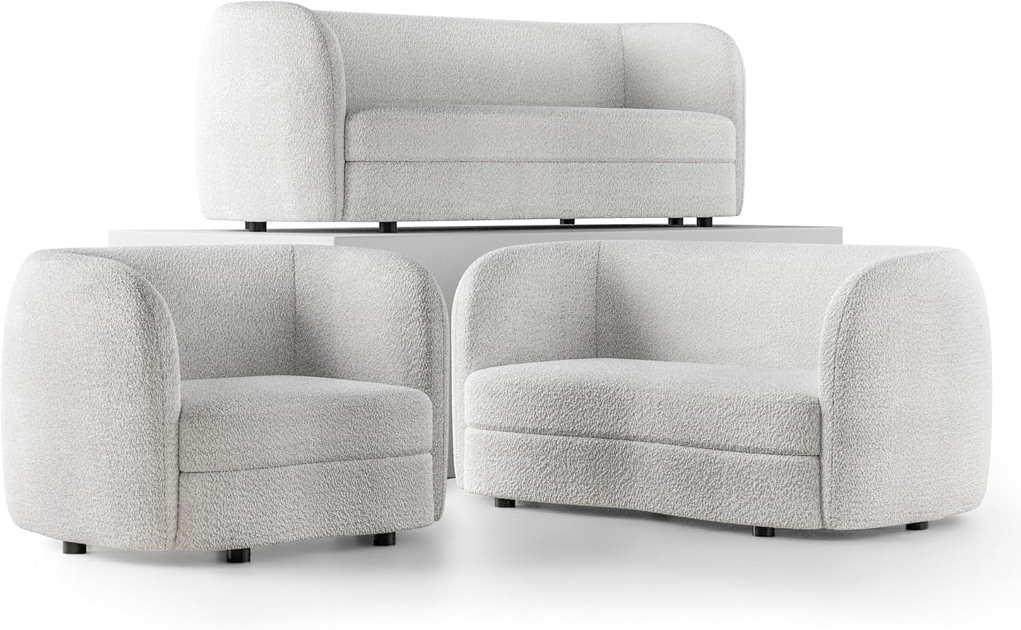 Nimiane Modern Boucle 3 Piece Sofa Set with Curved Arms and Wooden Legs, Accent Furniture Sets for Living Room, Home Office, Bedroom, Lounge, Off-White-0
