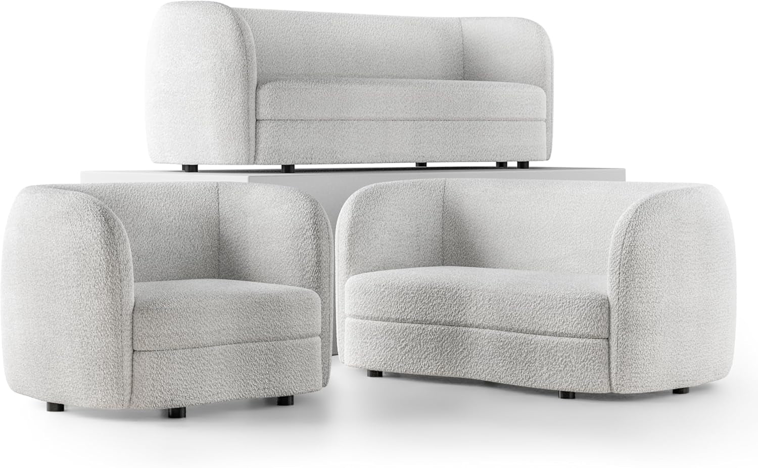 Nimiane Modern Boucle 3 Piece Sofa Set with Curved Arms and Wooden Legs, Accent Furniture Sets for Living Room, Home Office, Bedroom, Lounge, Off-White-0