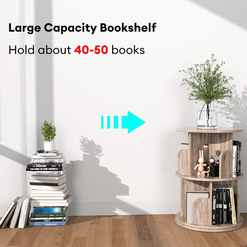 Small Rotating Bookshelf, 2 Tier Revolving Bookcase 360° Display round Bookshelf Narrow Swivel Corner Book Shelf Standing Bookcase Adult Bedroom-4