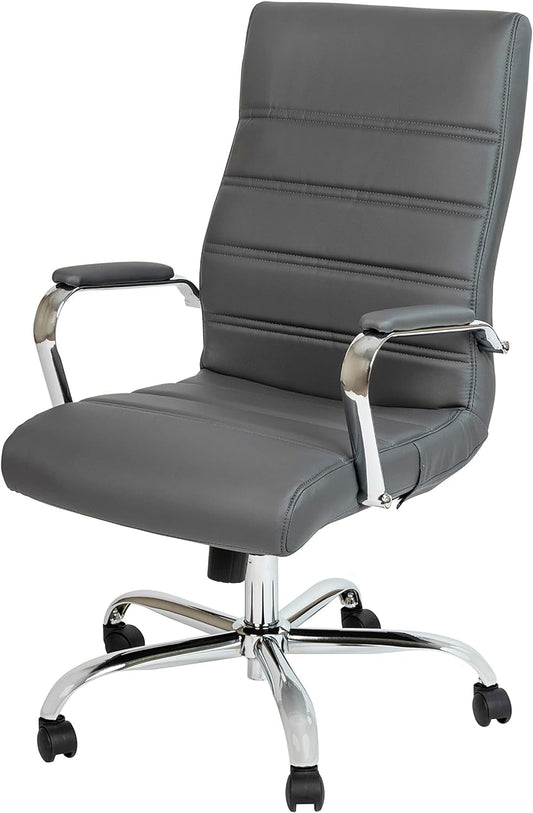 Whitney High-Back Swivel Leathersoft Desk Chair with Padded Seat and Armrests, Adjustable Height Padded Office Chair, Gray/Chrome-0