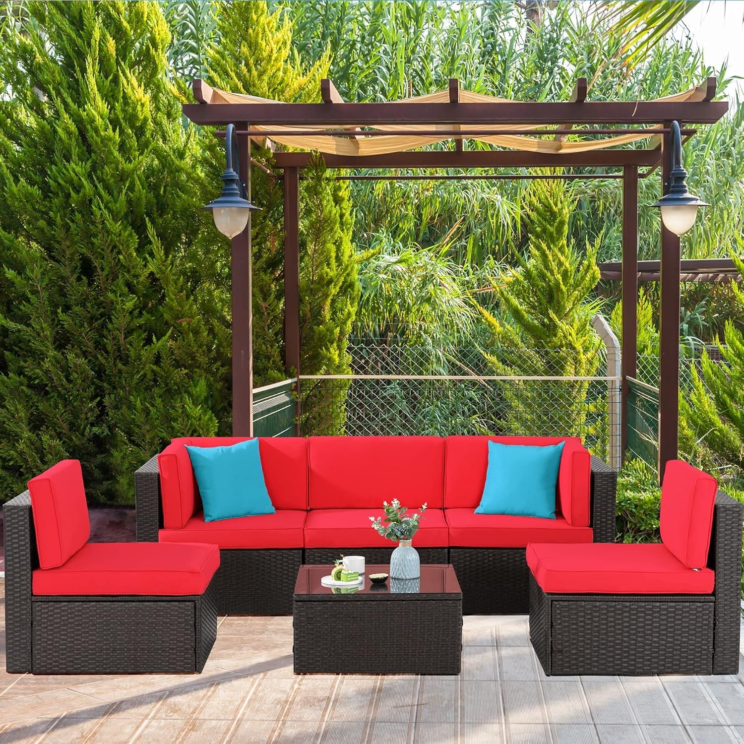 6 Pieces Patio Furniture Sets Outdoor All-Weather Sectional Patio Sofa Set PE Rattan Manual Weaving Wicker Patio Conversation Set with Glass Table&Ottoman Cushion and Red Pillows, Red-0