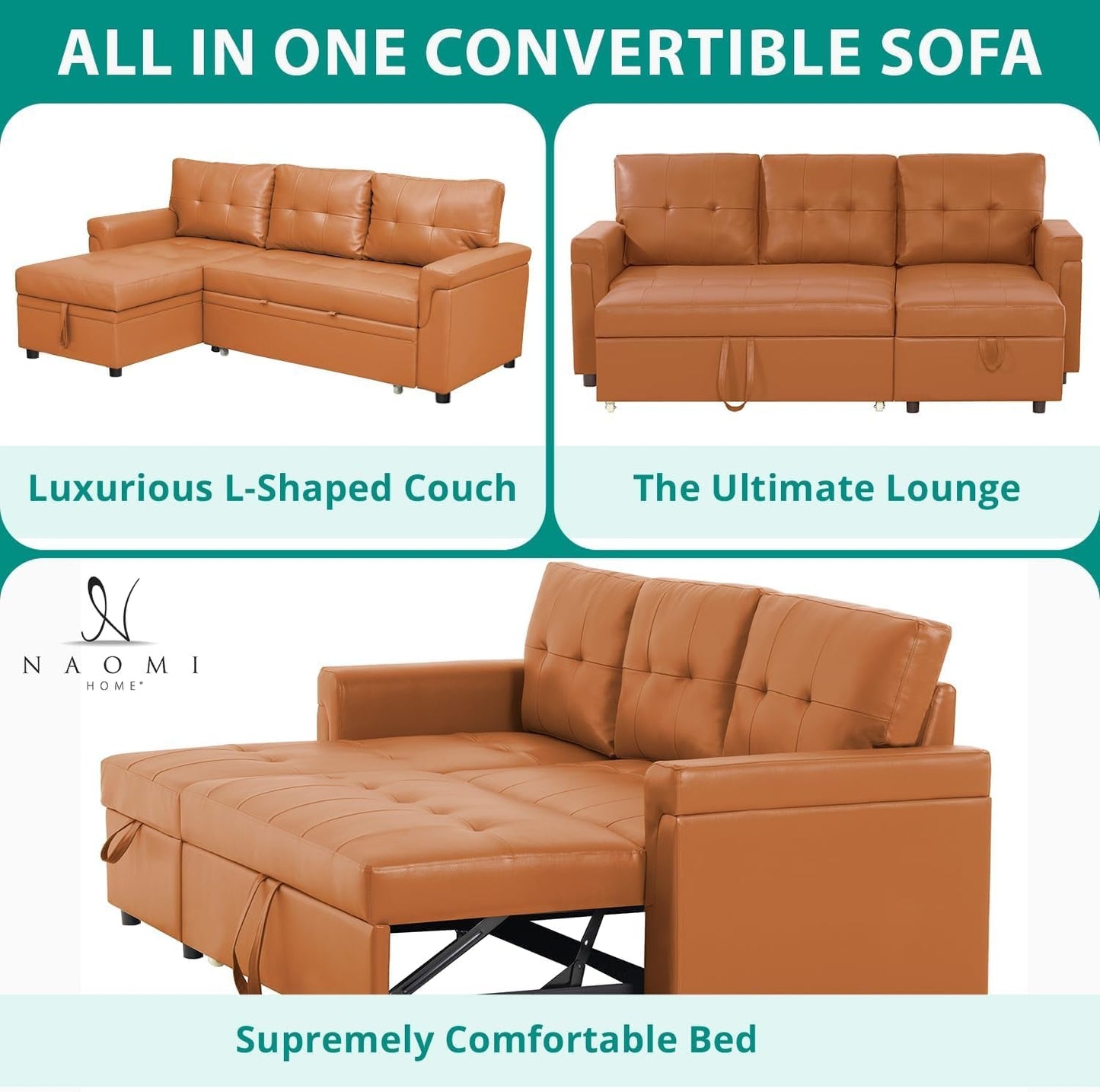 Caramel Air Leather Tufted L-Shape Sleeper Sofa Storage-2