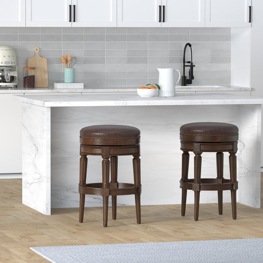 Pullman 31 Inch Tall Bar Height Upholstered Backless Barstool in Dark Walnut Finish with Vintage Brown Vegan Leather Cushion Seat-1