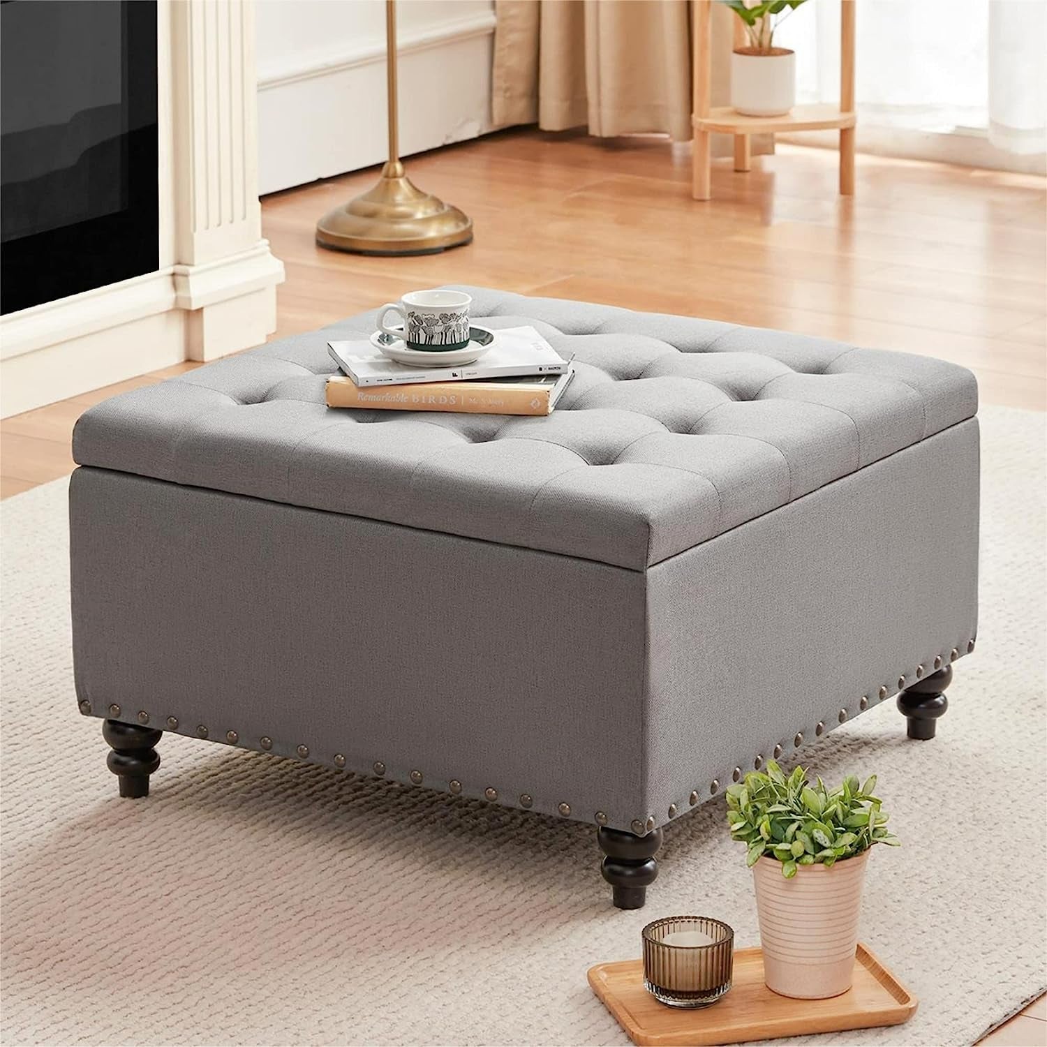 Grey Tufted Ottoman with Storage for Living Room-1