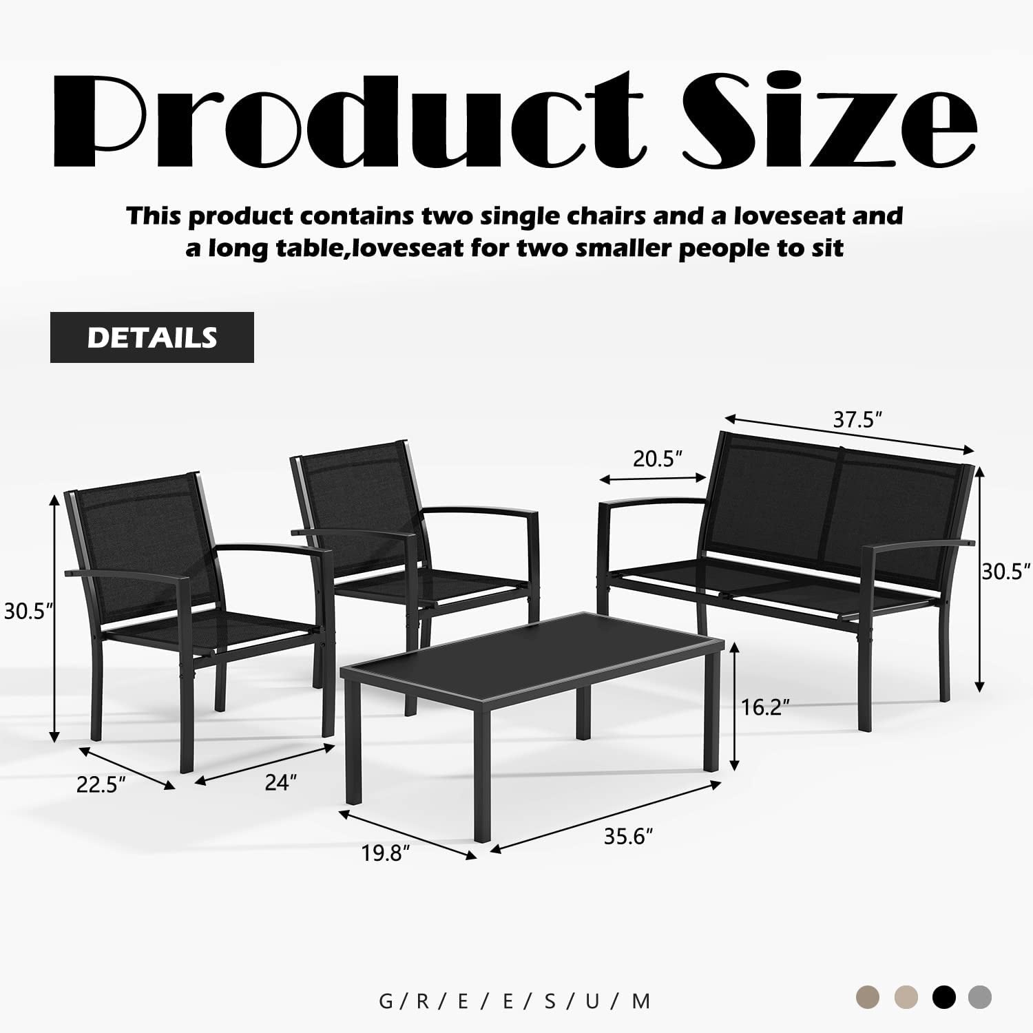 4 Pieces Patio Furniture Set, Outdoor Conversation Sets for Patio, Lawn, Garden, Poolside with a Glass Coffee Table, Black-3