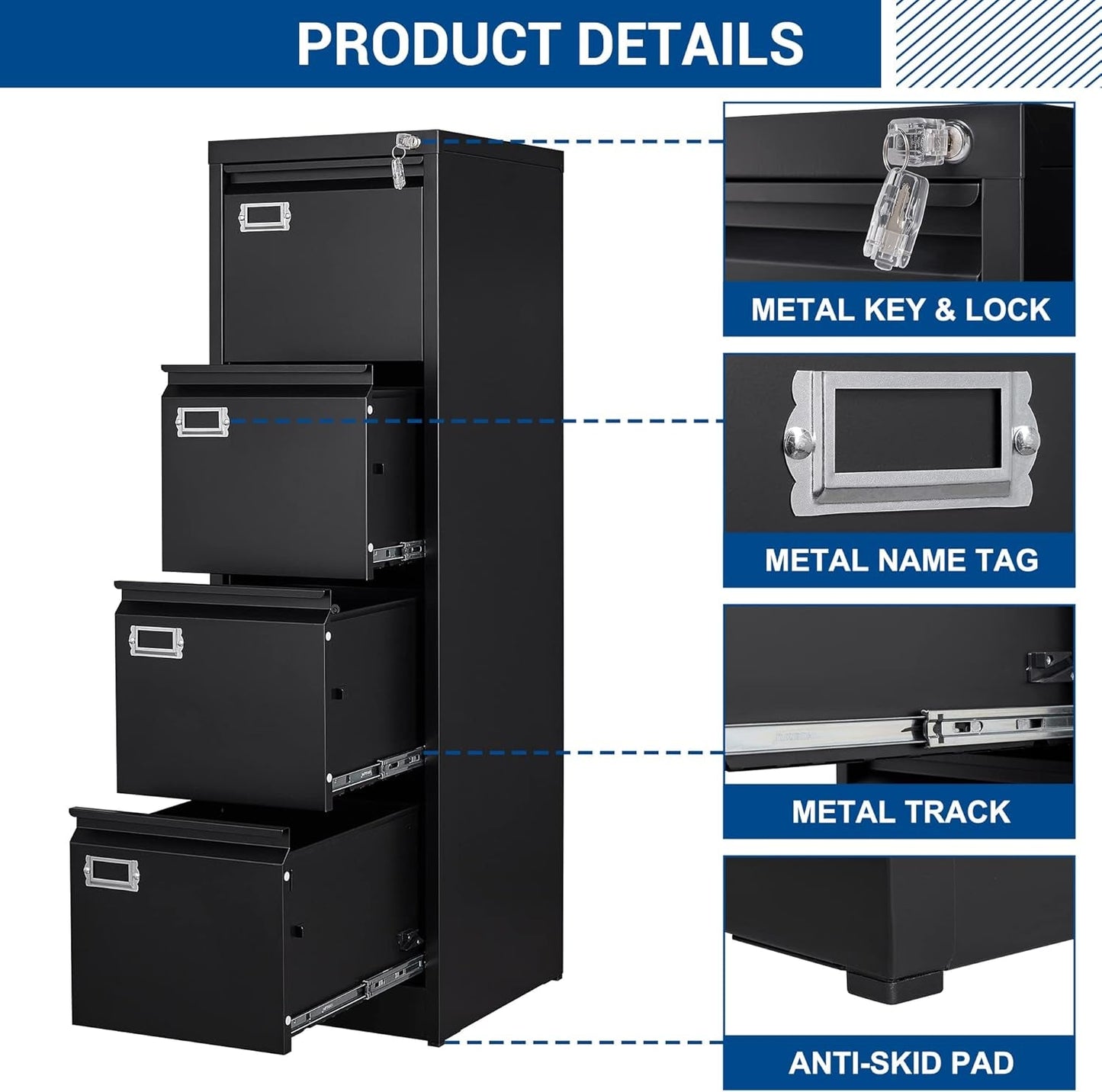File Cabinet - 4 Drawers Vertical 17.8" Deep Lockable Filing Cabinet Black Metal Storage Cabinets for Home Office to Hanging Files Letter/Legal/F4/A4 Size-4
