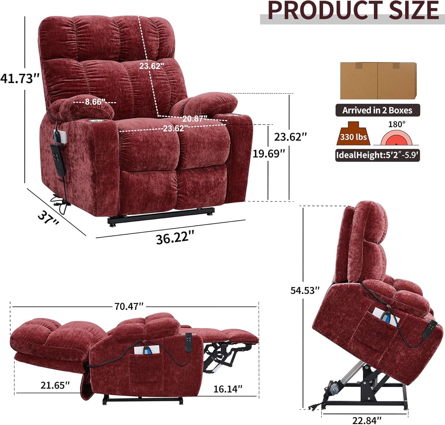 180 Degree Flat Sleeping Electric Dual OKIN Motor Lift Recliner Chair with Vabriation Heating for Elderly, Infinite Position Soft Fabric Power Recliner Sofa Chair for Living Room Red-1