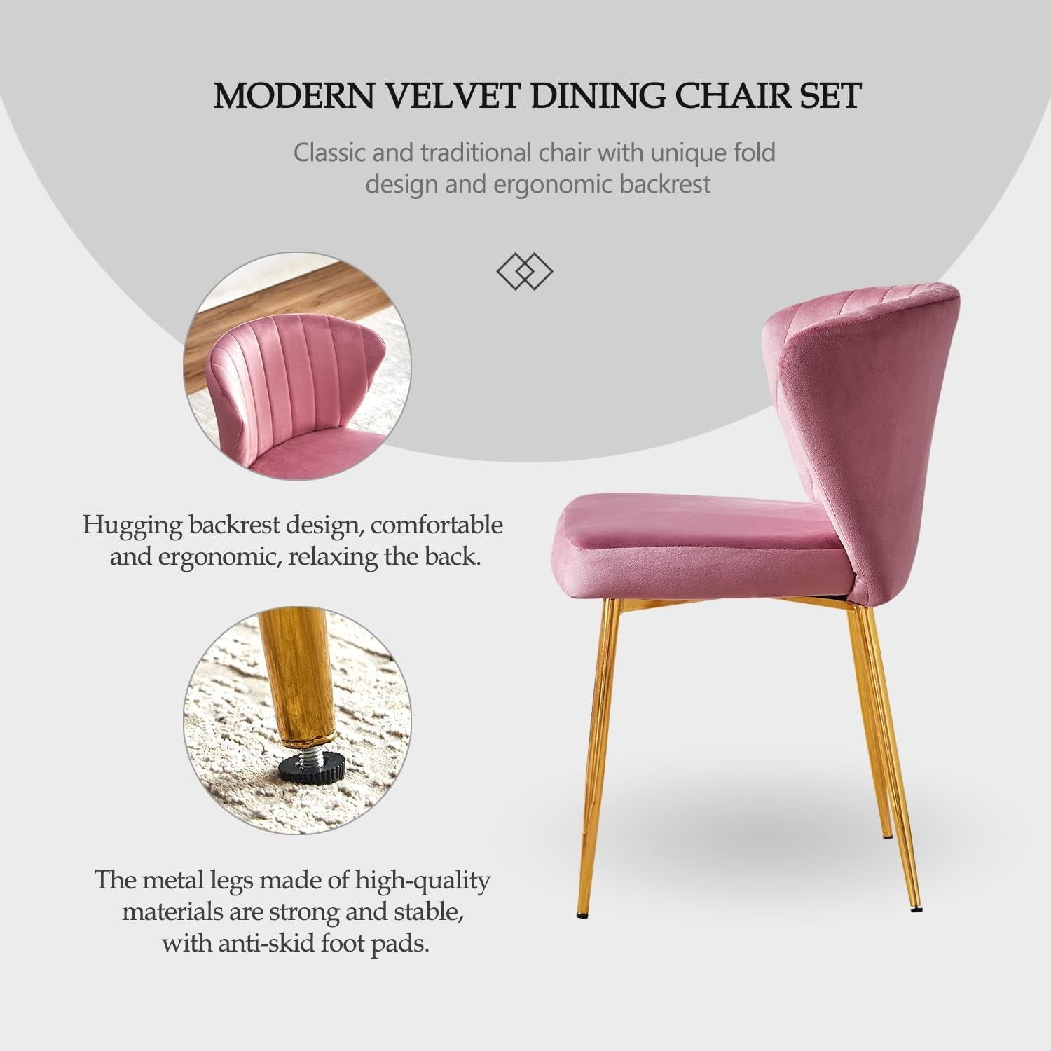 Pink Velvet Dining Chairs Set of 4, Modern Dining Chairs with Golden Metal Legs, Tufted Upholstered Dining Chairs for Dining Room/Kitchen/Vanity-3