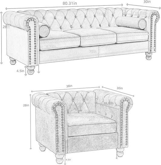 ir Lether Sof Couch Set, 2-Piece Living Room Set, Including Rolled rm 3-Seter Sof nd ccent rmchir-1