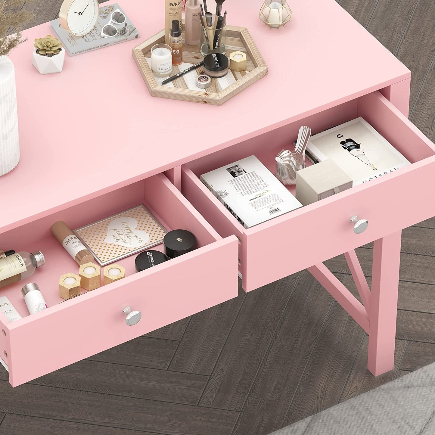 Pink Modern Writing Computer Desk with Drawers-4