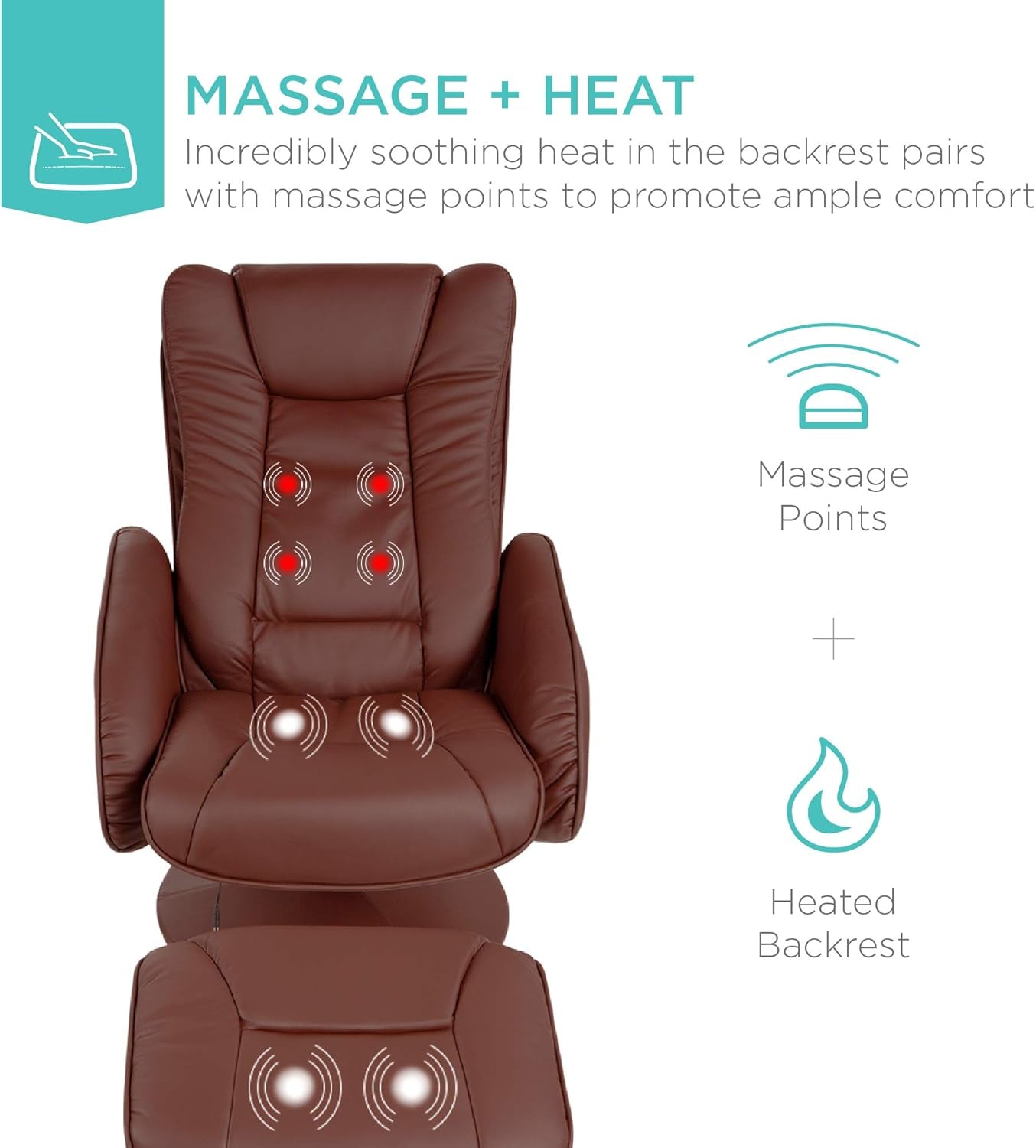 Faux Leather Electric Massage Recliner W/Stool Footrest Ottoman, Remote Control, 5 Heat & Massage Modes, Side Pockets - Brown-2