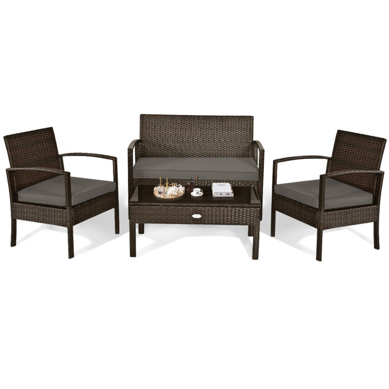 4 Pieces Patio Rattan Cushioned Furniture Set with Loveseat and Table-5