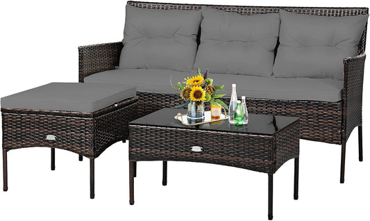 3 Pieces Patio Conversation Set, All Weather Outdoor PE Rattan Wicker Furniture Set with Padded Cushions, Tempered Glass Coffee Table, for Poolside, Backyard, Garden (Gray)-0