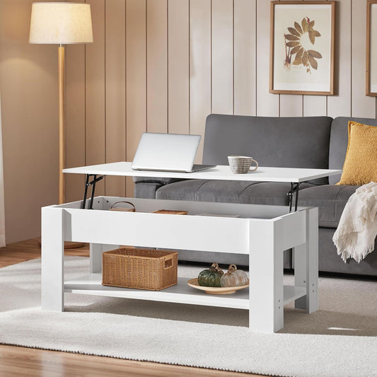 Lift Top Coffee Table with Hidden Compartment and Storage Shelf, Rising Tabletop Dining Table for Living Room Reception Room, 47.5In L, White-1