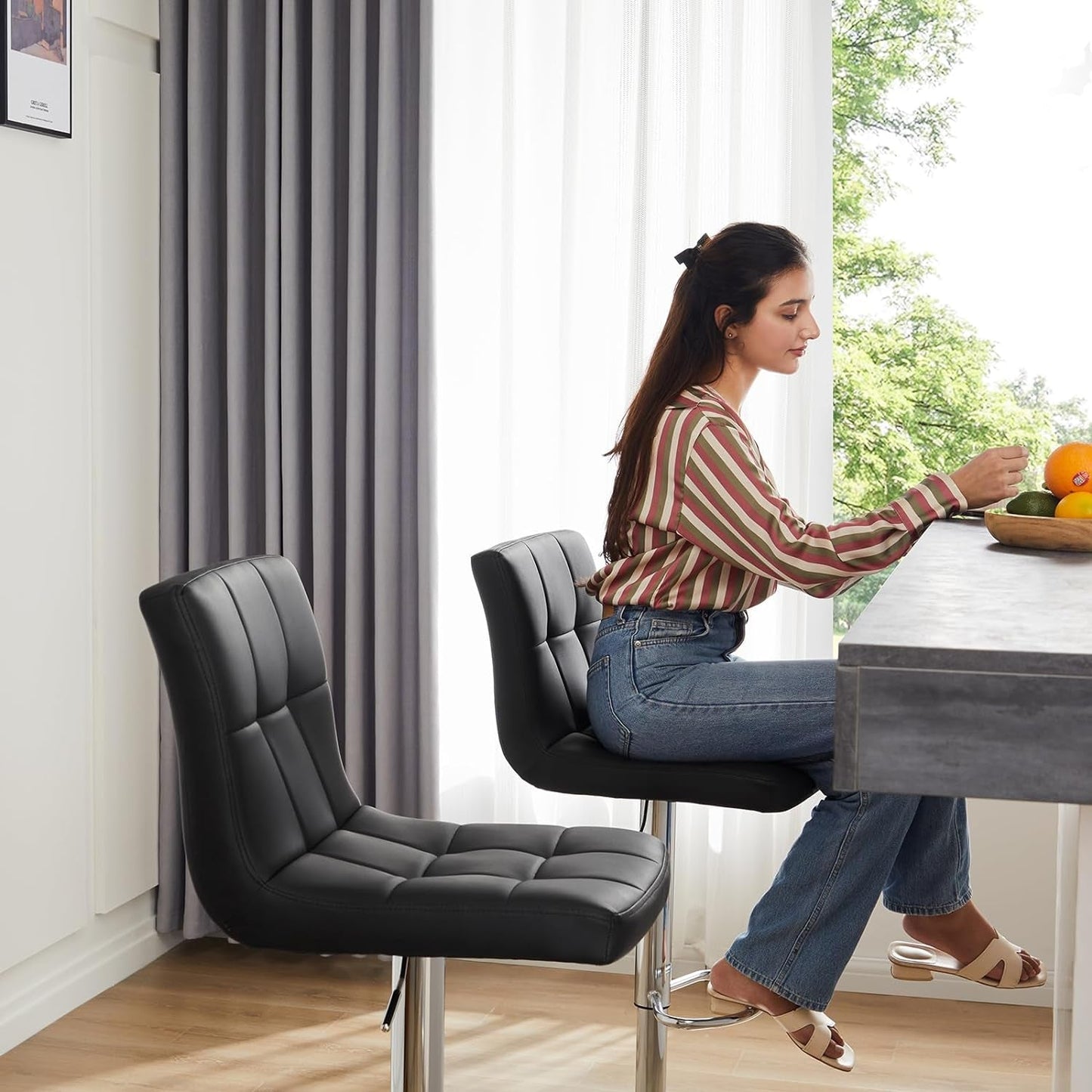 Bar Stools Set of 4, PU Leather Adjustable Swivel Barstools, Armless Hydraulic Kitchen Counter Height Bar Stools, Thickened Seat Cushion Square Island Barstools with Back, Black-1