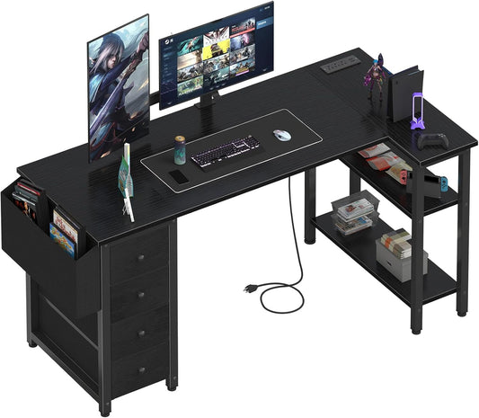 L Shaped Gaming Desk with Drawers & Storage Shelves, 55 Inch Corner Computer Desk with Power Outlet for Home Office Bedroom, L-Shaped Teen PC Desks with Fabric Drawer, Black-0