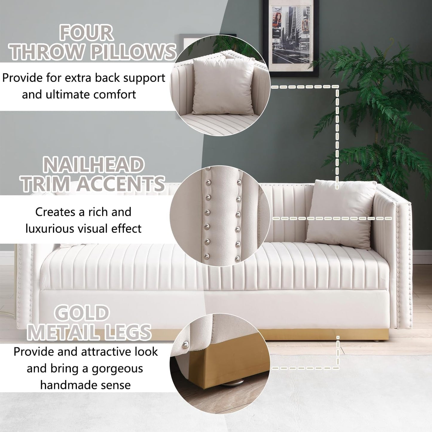 Velvet Sofa Set Luxury Couch Set Living Room Couches and Loveseat Sets Modern Sofa Couch Set L Shaped Couches with Gold Metal Legs and Nailhead for Living Room, Apartment and Office-2