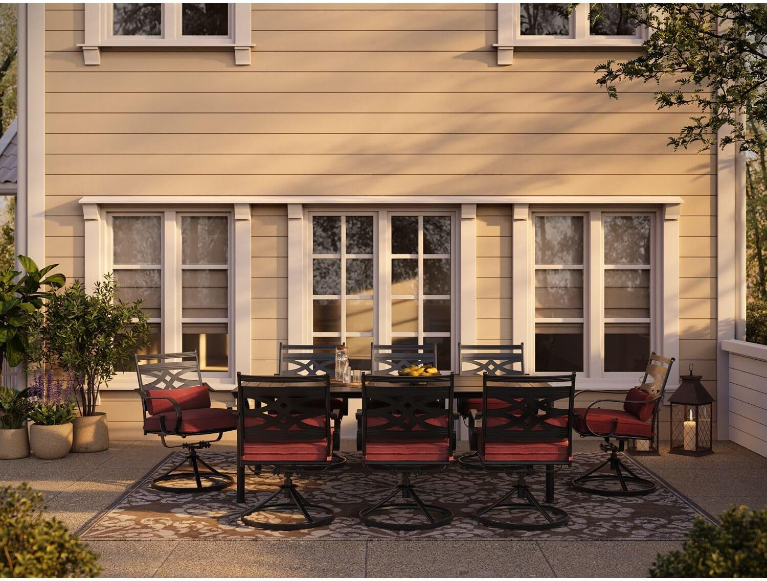 Montclair 9-Piece Outdoor Dining Set, 8 Swivel Rocker Chairs with Comfortable Seat and Lumbar Cushions, 84"X42" Stamped Rectangle Table, All-Weather Patio Dining Set for 8 for Backyard, Patio-4