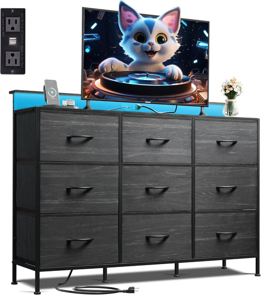 Dresser TV Stand for 55 Inch, Led Dresser for Bedroom, Black Dressers for Bedroom with LED Lights and Charging Station, Chest of Drawers, 9 Fabric Dresser Drawers, Wood Top, Living Room, Closet-0