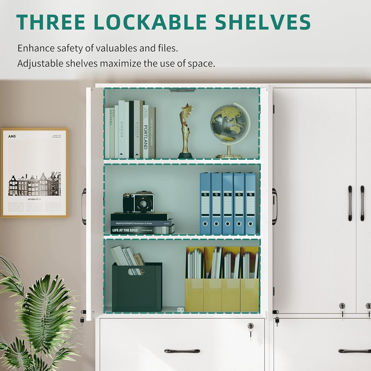 Wood File Cabinets, Heavy Duty Garage Tool Cabinets with Doors & Adjustable Shelves, Big Storage Filing Lockers for Home Office, Living Room, Pantry, Gym, Basement, Warehouse, White-3