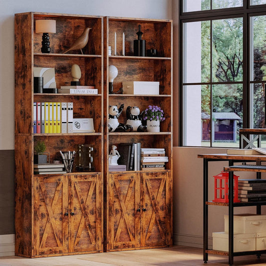 Industrial Bookshelves and Bookcases with Doors Floor Standing 6 Shelf Display Storage Shelves 70 in Tall Bookcase for Home Office, Living Room-1