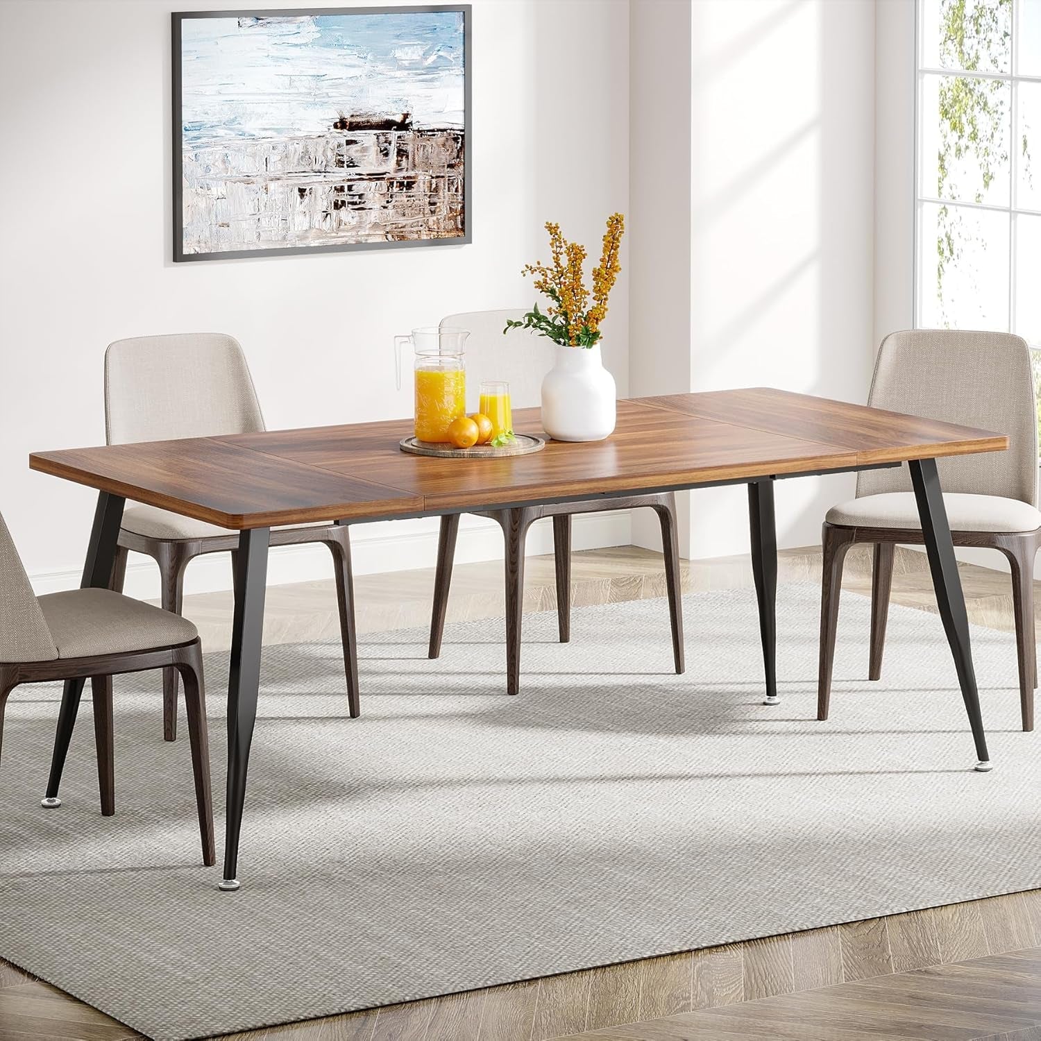 70.9 Inch Large Dining Table for 6 to 8, Industrial Kitchen Table Furniture with Metal Legs, Modern Faux Wood Rectangular Dinner Table for Dining Room, Rustic Brown/Black-0