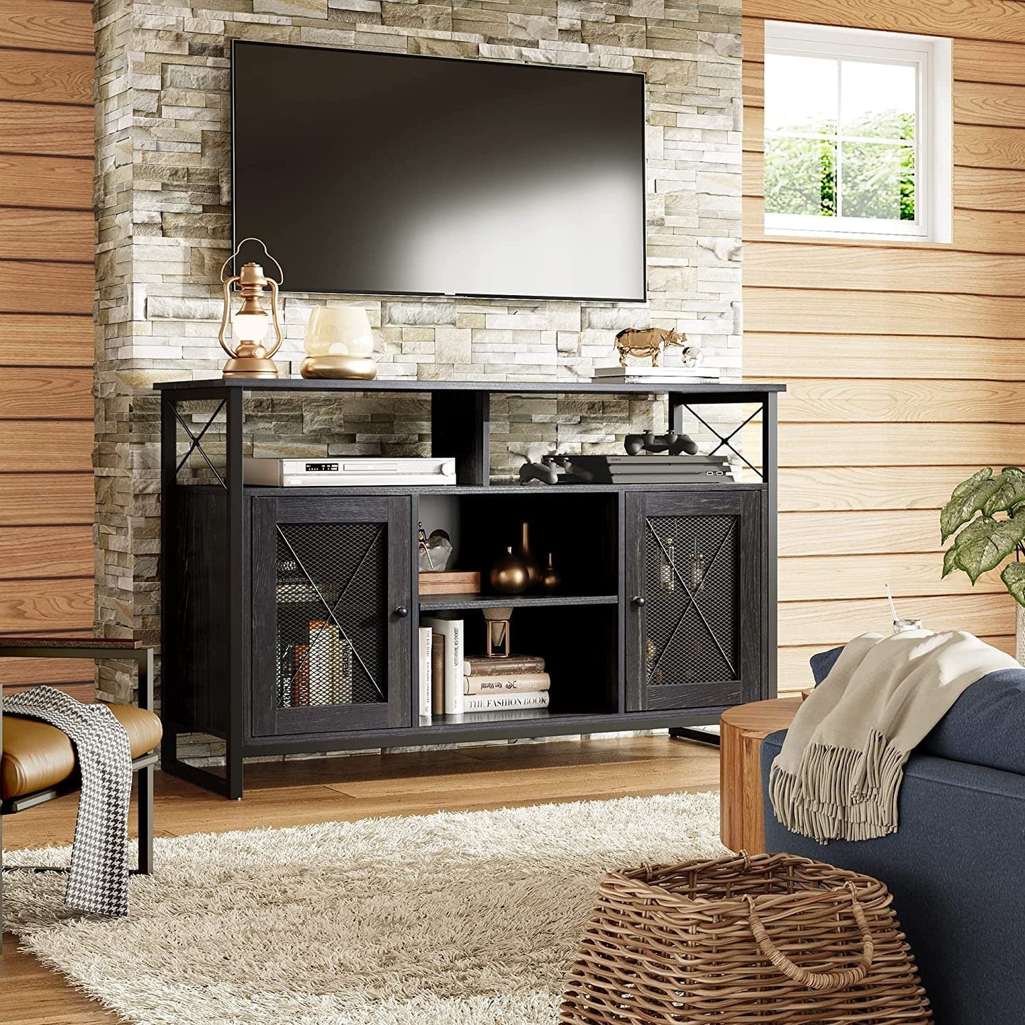 55 Inch TV Stand with Storage, Industrial Farmhouse Style-0