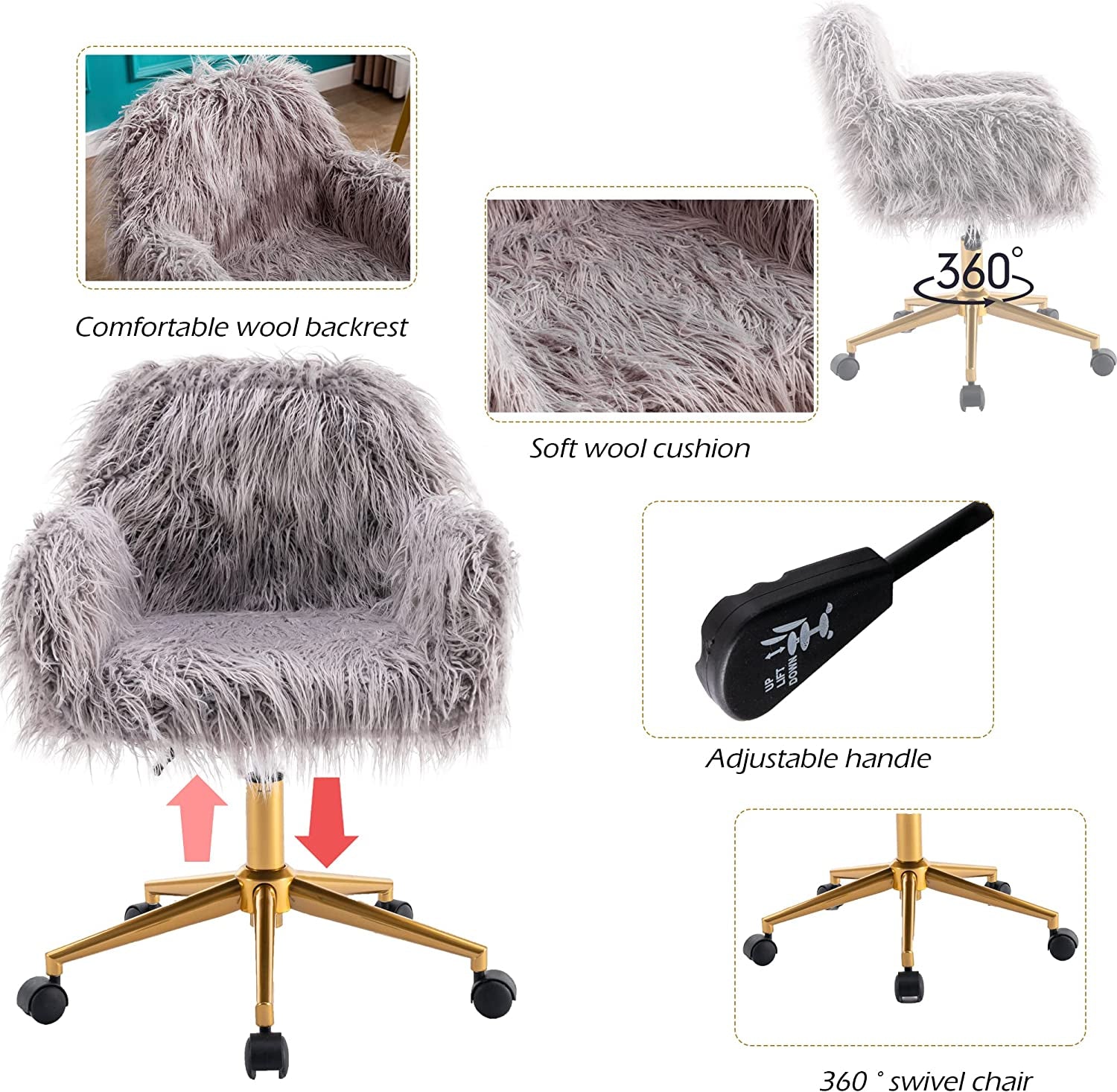Gray Faux Fur Swivel Chair for Home Office-3