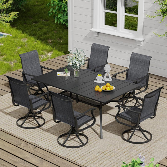 7 Pieces Outdoor Dining Set, Patio Furniture Set of 6 Patio Swivel Dining Chairs and Rectangular Patio Table with Storage Shelf, Dark Charcoal Chairs & Black Tabletop-0