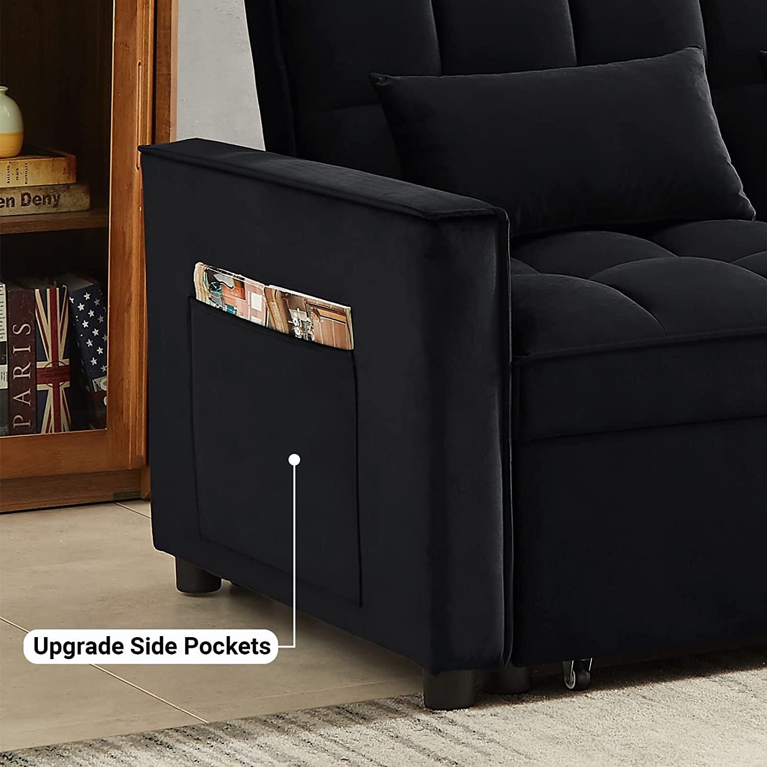 Modern Black Convertible Sofa Bed with Reclining Backrest-1