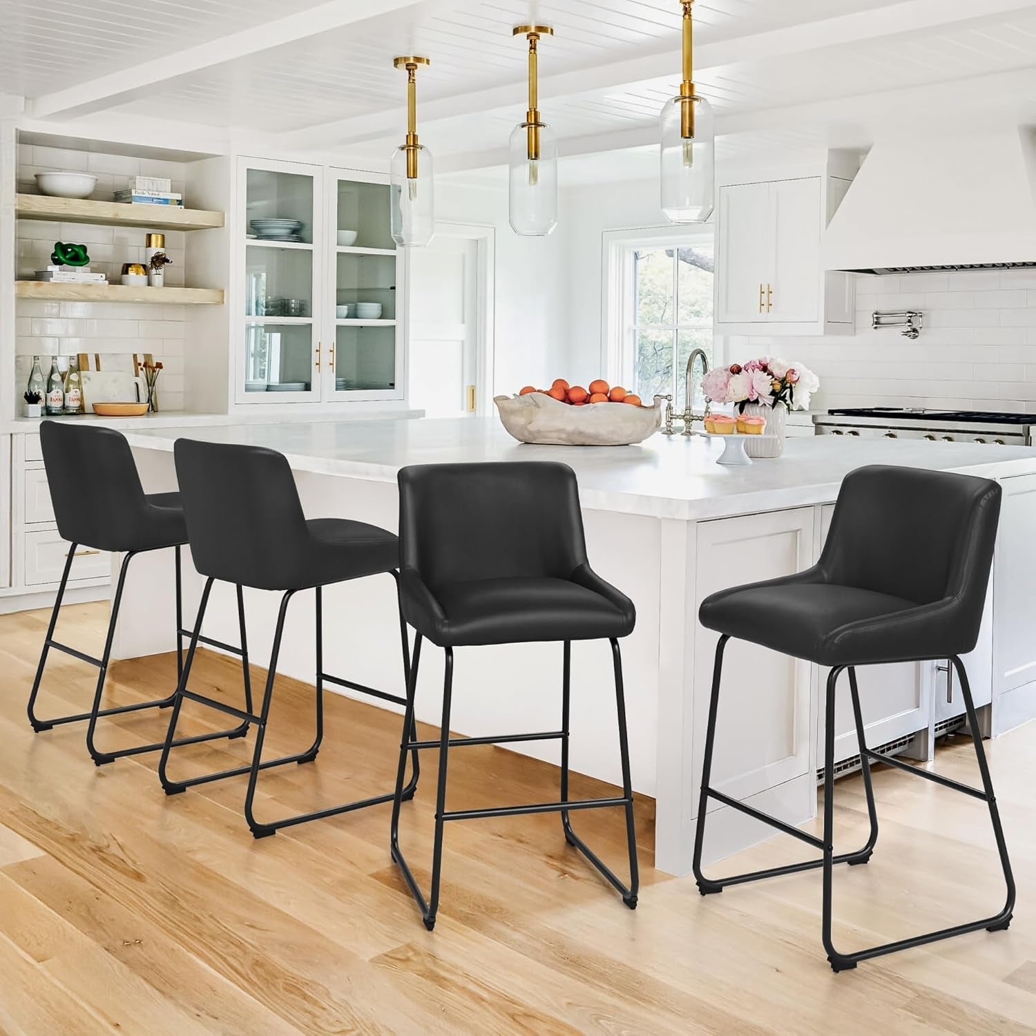 26 Inch Bar Stools Set of 3, Faux Leather Upholstered Barstools, Counter Height Bar Stools with Back, Comfortable Bar Chairs, Modern Counter Stools for Kitchen Counter Island-0