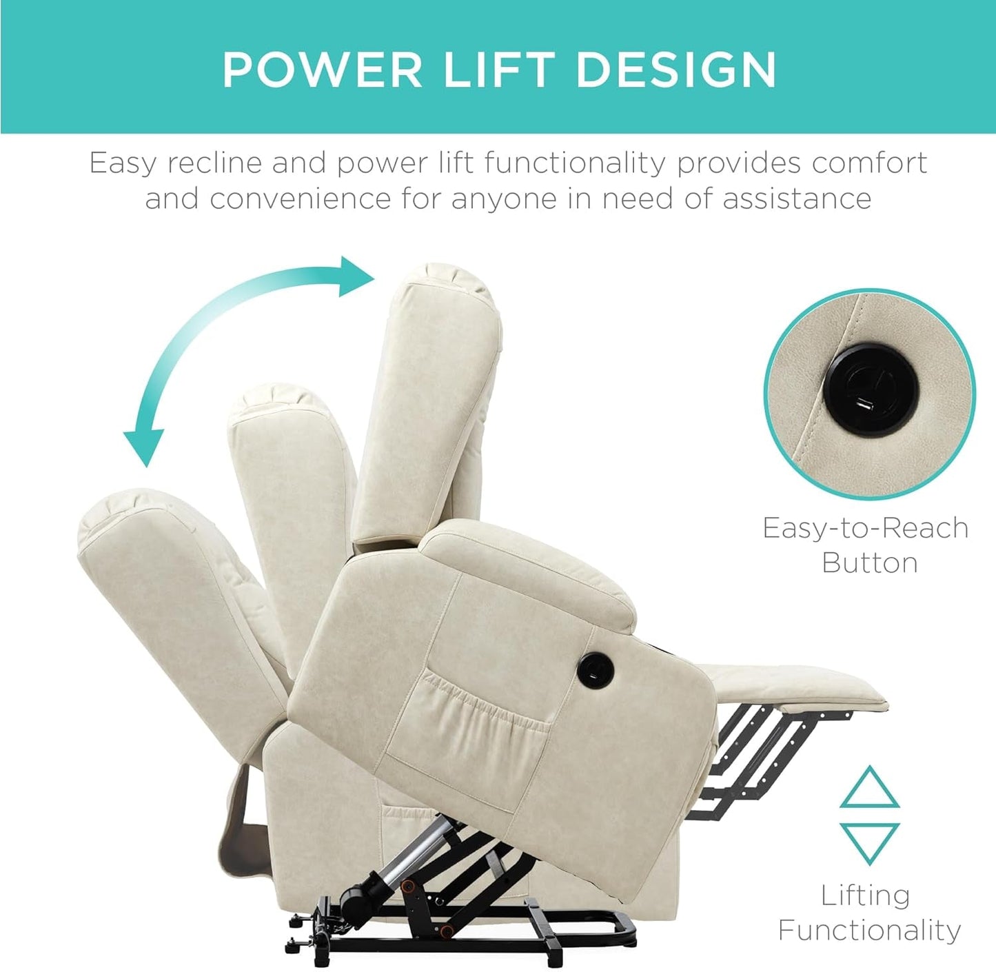 PU Leather Electric Power Lift Chair, Recliner Massage Chair, Adjustable Furniture for Back, Legs W/ 3 Positions, USB Port, Heat, Cupholders, Easy-To-Reach Side Button - Beige-3