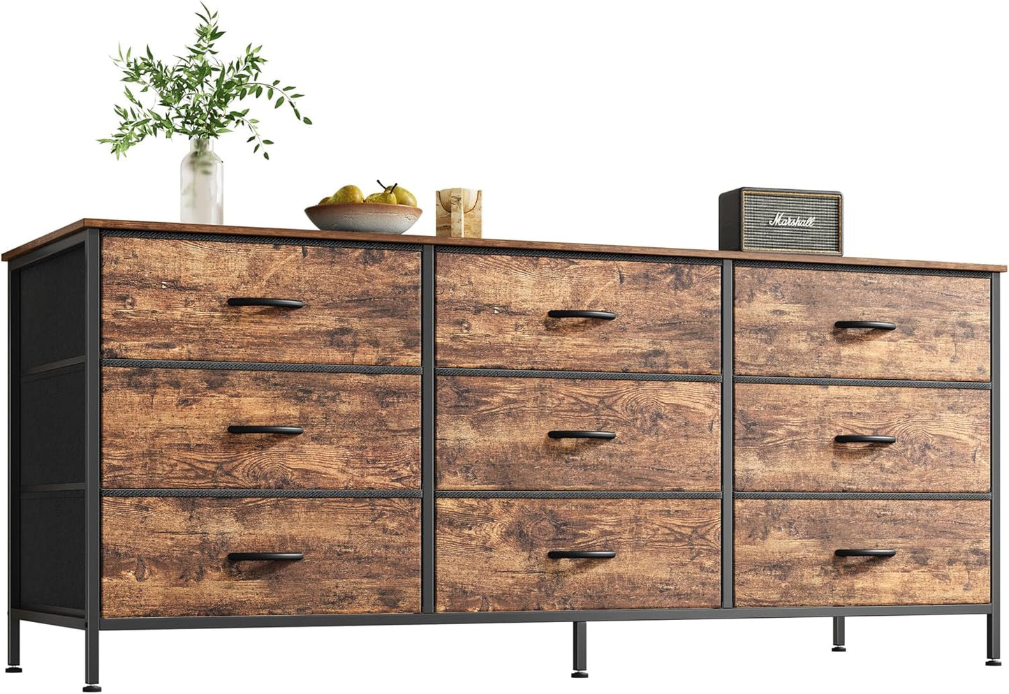 9 Drawer Dresser, 55 Inch Dresser TV Stand for 55, 60 Inch TV, Entertainment Center with Drawers, Large Storage Fabric Dresser for Bedroom, Closet, Rustic Brown-0