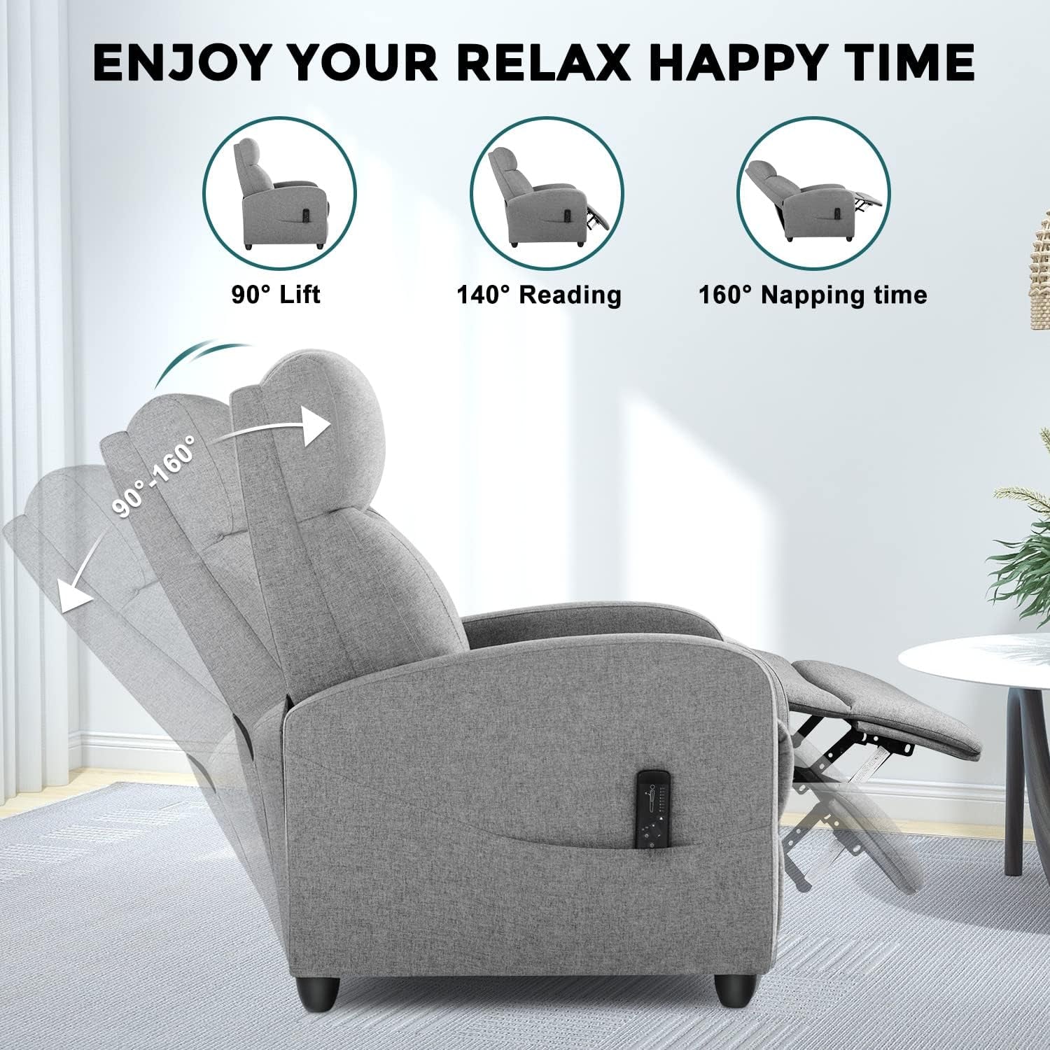 Single Fabric Recliner Massage Chairs/Sofa, Padded Seat Adjustable Backrest Winback Modern Bedroom/Theater Chair for Adults (Grey) Living Room-3